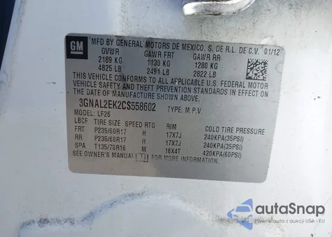 2012 Chevrolet Captiva Sport 2Ls z USA, uszkodzony, nr VIN 3GNAL2EK2CS558602